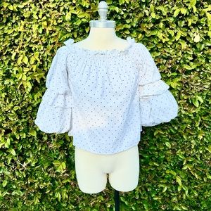 Nordstrom DO+BE White off shoulder ruffle shirt, blue polka dots XS